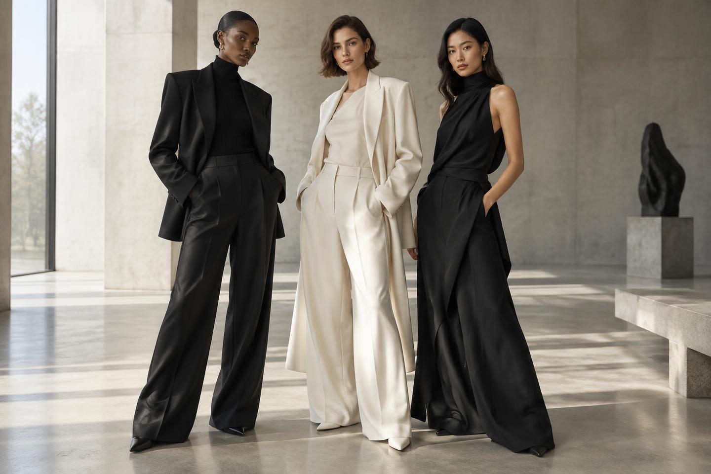 Three women in black and ivory tailored fashion