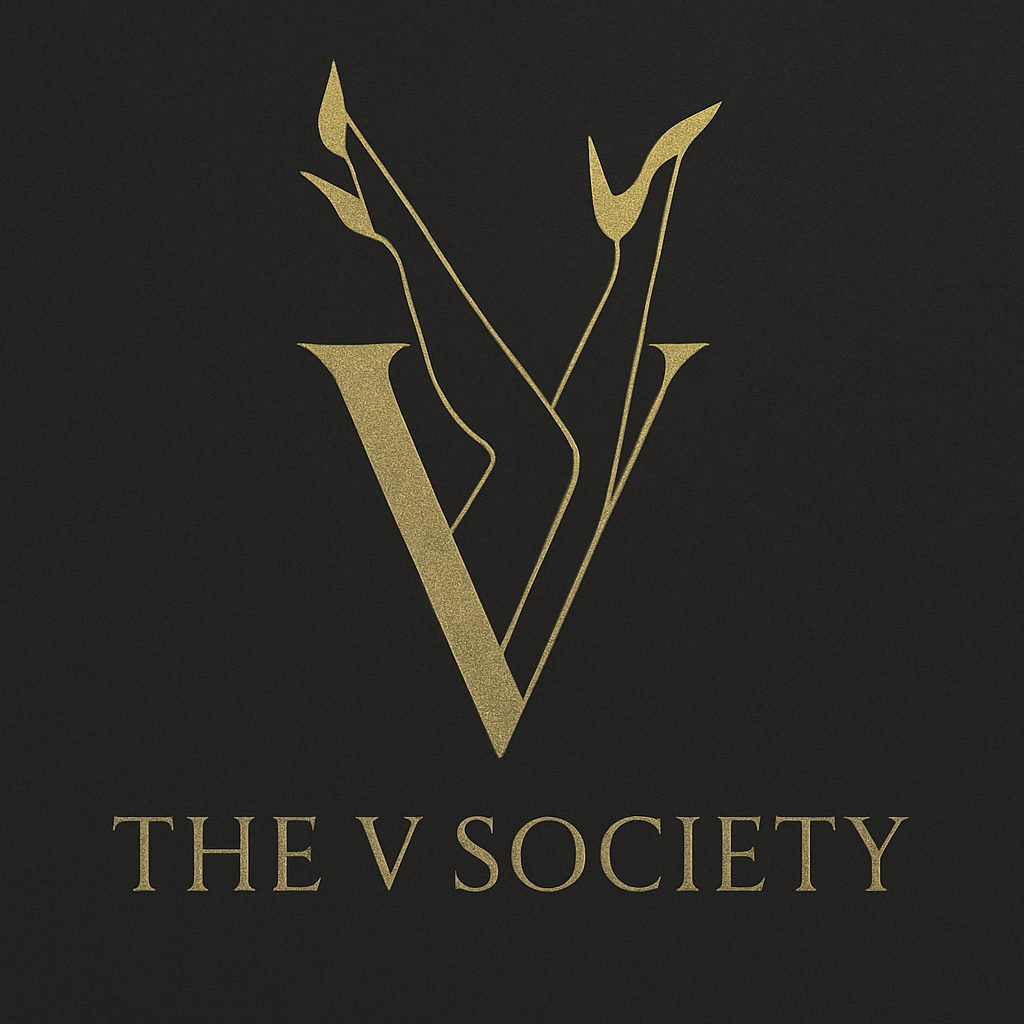 Gold 'V' logo with 'The V Society' text on a black background